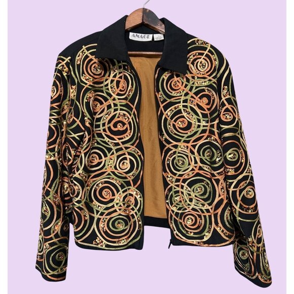 Vintage Anage Black Jacket With Gold & Green Embellished Spiral Design Lined Lon - Picture 1 of 8